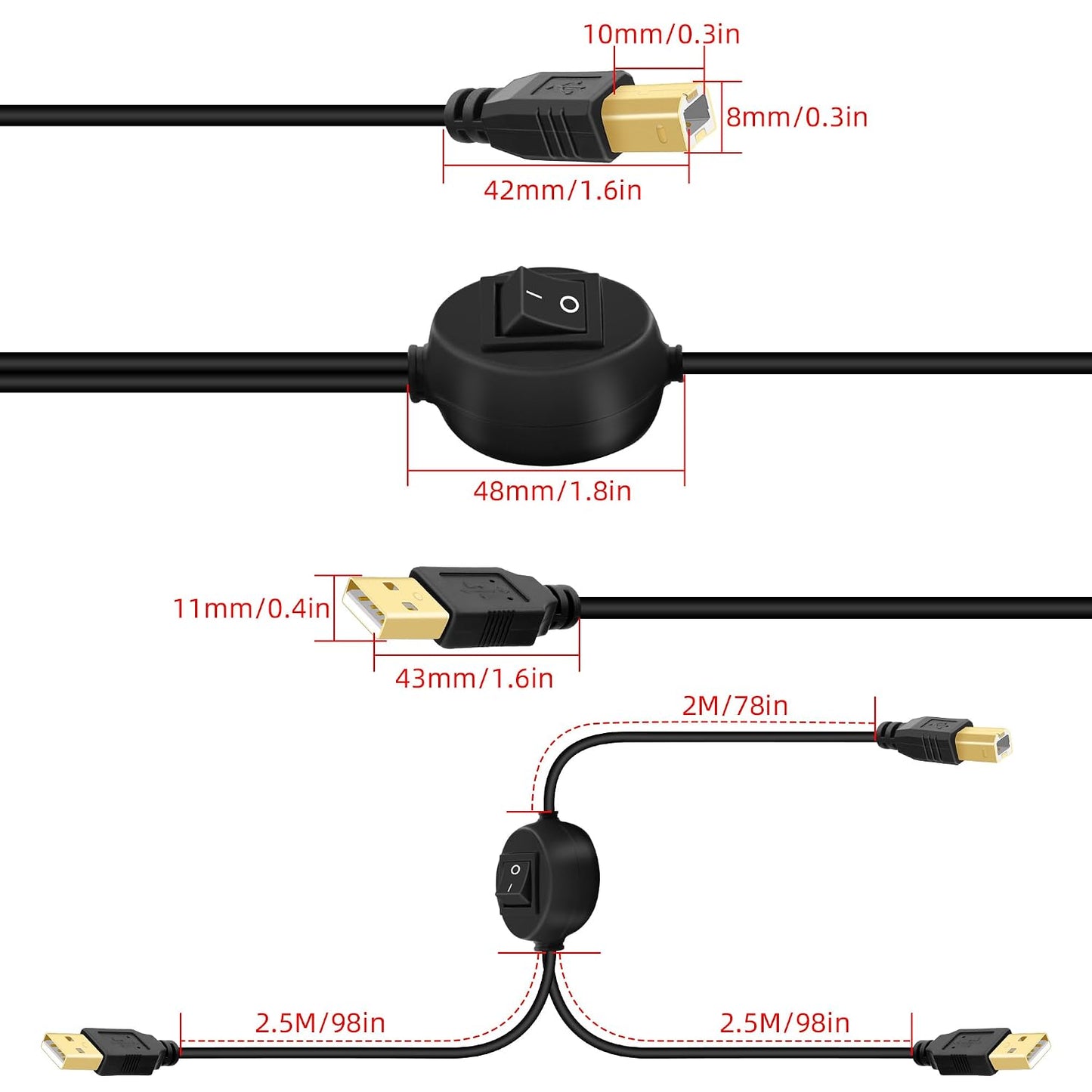 14.7FT 2 2.0 1 2 2 (4.5M) GELRHONR USB B Printer Cable Splitter, Printer Splitter for Computers, Type B Male to Dual