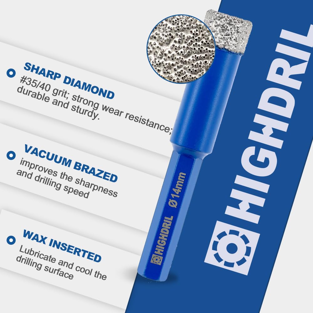 HIGHDRIL Diamond Drill Bits Kit with 5/8-11 for Porcelain Tile Ceramic Marble Brick Concrete Vacuum Brazed Hole Saw(6/8/10/20/35/50/65/100mm+50mm Chamfer Bit+20mm Finger Bit+Adapter)