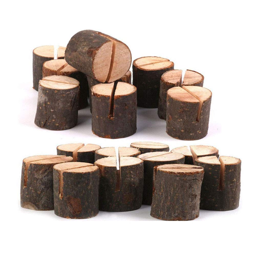whatUneed 20 Pack Place Card Holders, Rustic Real Wood with Wooden Bark Table Card Holder, Number Photo Stand Place Name Memo Card Holder for Wedding Party (20 Holders+20 Kraft Place)