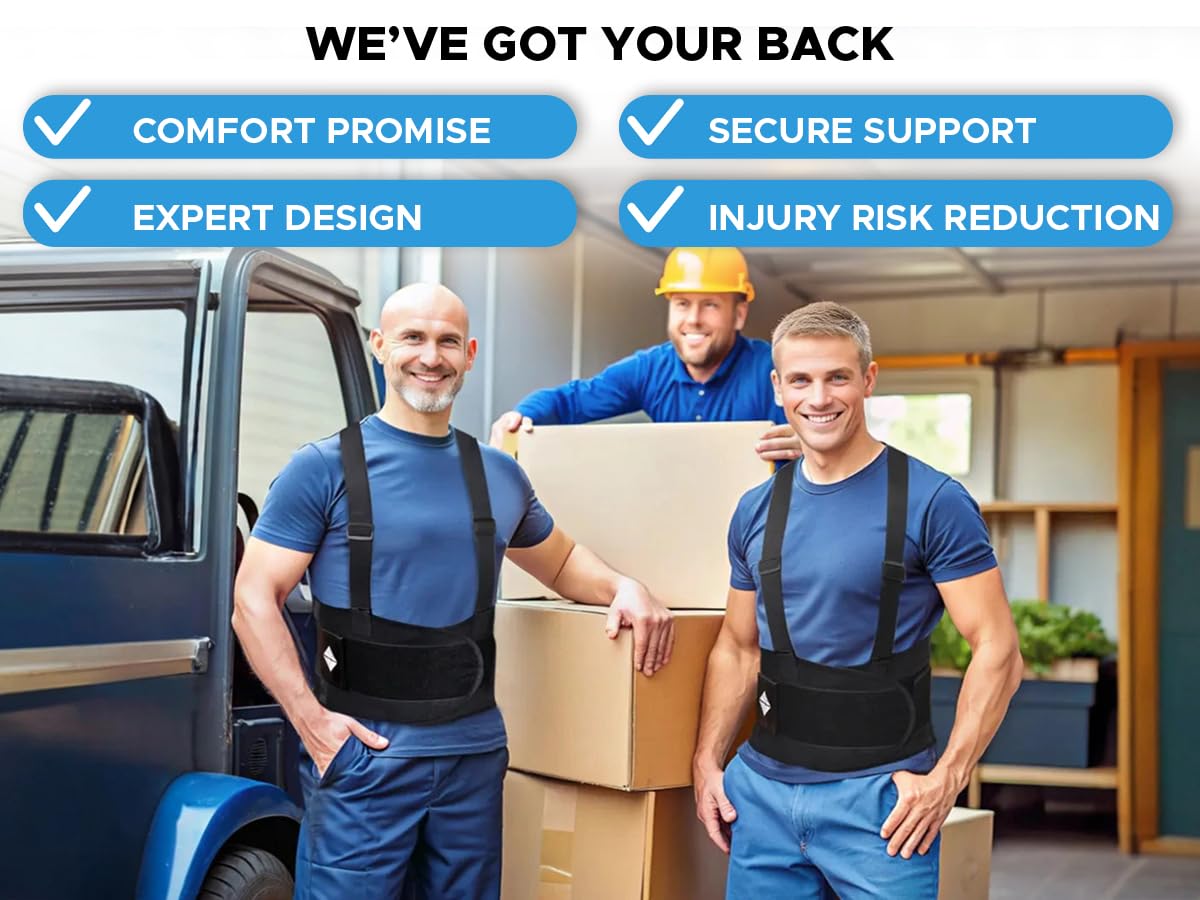 Back Brace for Men Lower Back Heavy Lifting with Suspenders, Back Support Belt for Work, Lower Back Brace with Lumbar Support for Back Pain Relief, Construction Warehouse Moving Belt, Size L