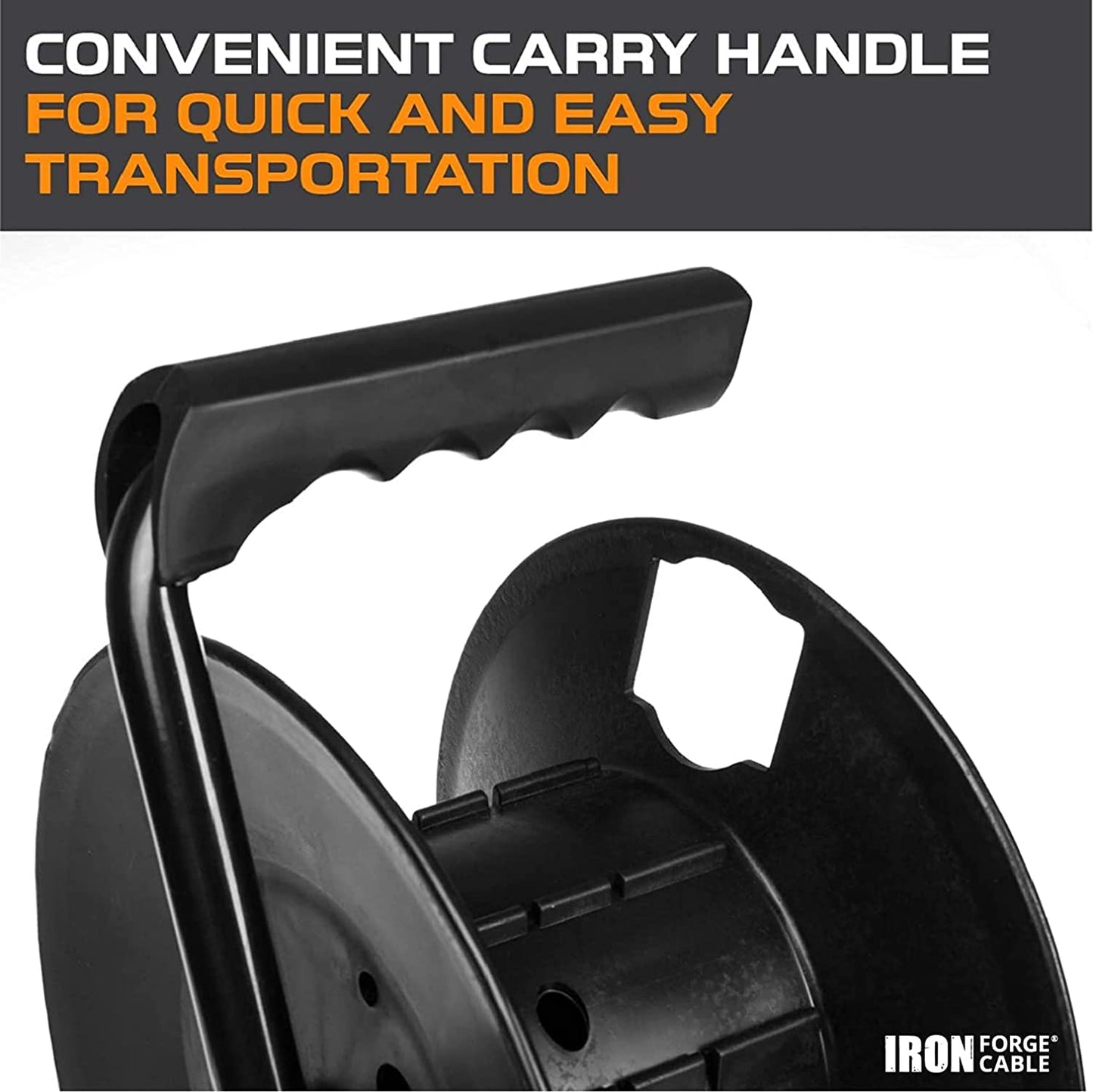 IRON FORGE CABLE Extension Cord Storage Reel with Metal Stand, Black - Portable Cable Reel That Holds Up to 100 Ft of Extension Cords, Hose, or Rope