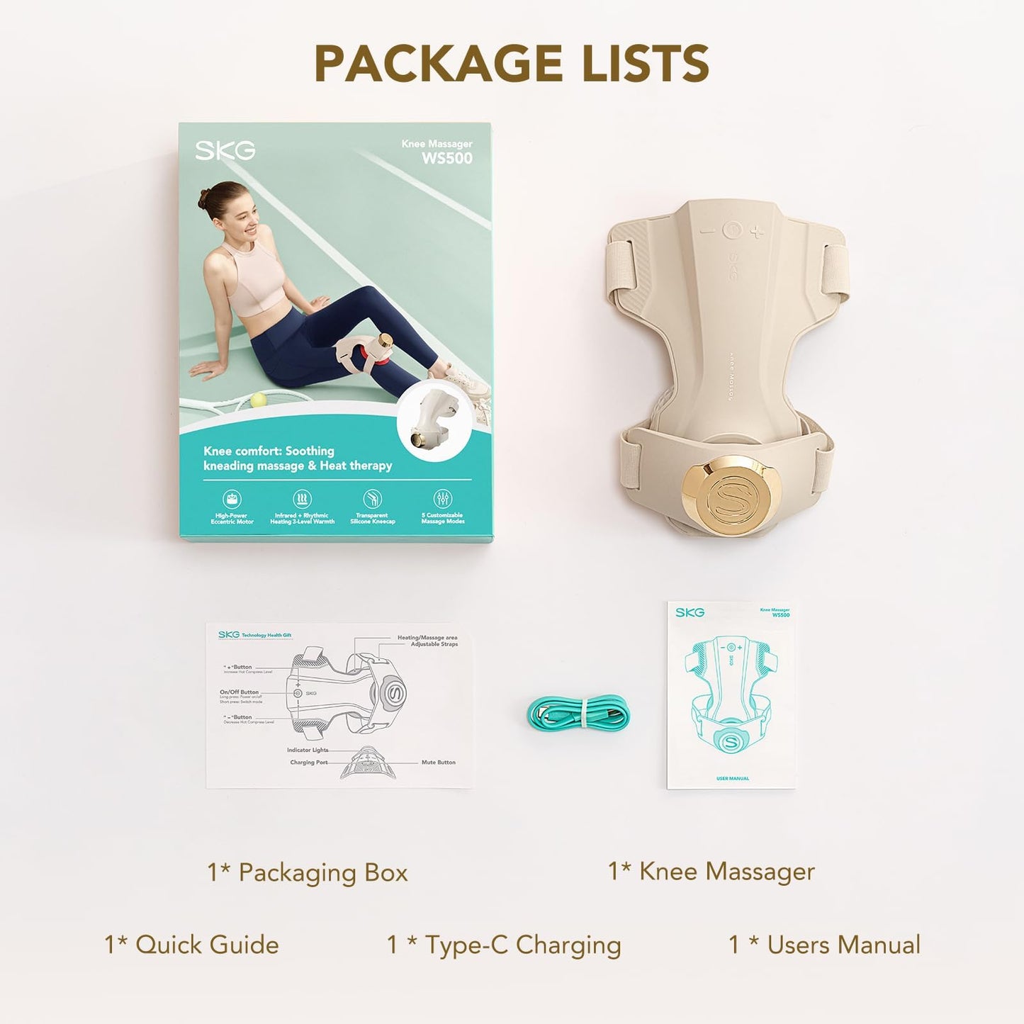 SKG WS500 Knee Massager with Heat for Pain Relief with Vibration for Joint Comfort, Cordless Heated Knee Brace with 5 Massage Modes and 3 Heating Levels, Perfect for Women Men Mom Dad