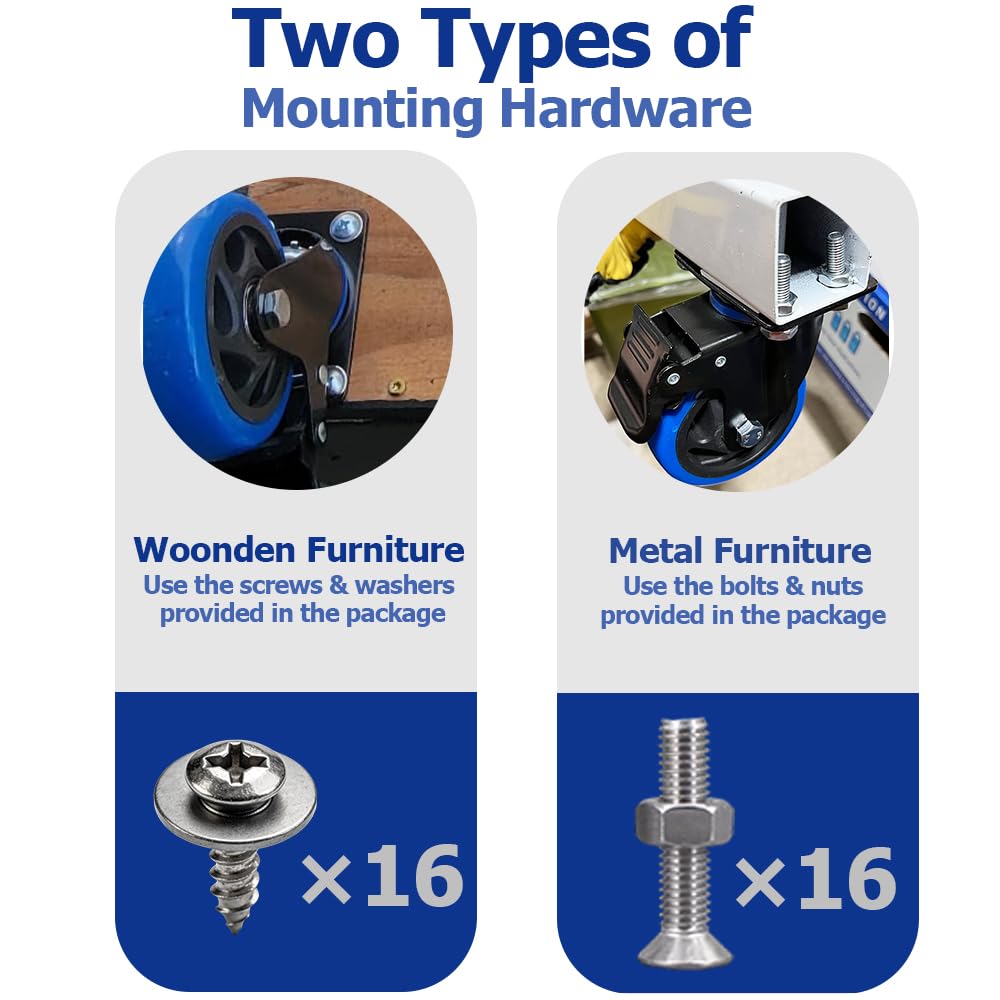 5 Inch Caster Wheels, Casters Set of 4 Heavy Duty with Brake, Safety Dual Locking Casters, No Noise Wheels with Polyurethane Foam, Load 2400LBS (Two Hardware Kits Included)