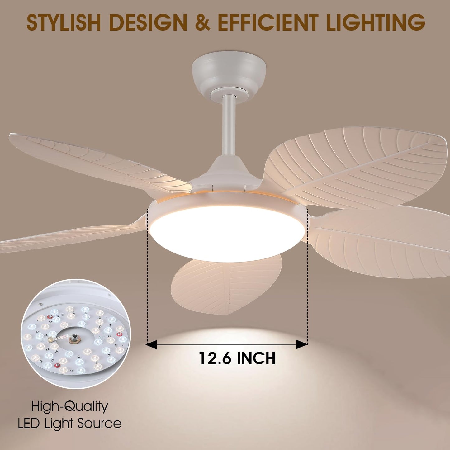 Wiviniya 48 Inch Tropical Ceiling Fans with Lights, Palm Leaf Outdoor Ceiling Fan with Light for Patios Porch Bedroom Living Room, Remote/APP Control, Reversible Quiet DC Motor, Dimmable LED, White