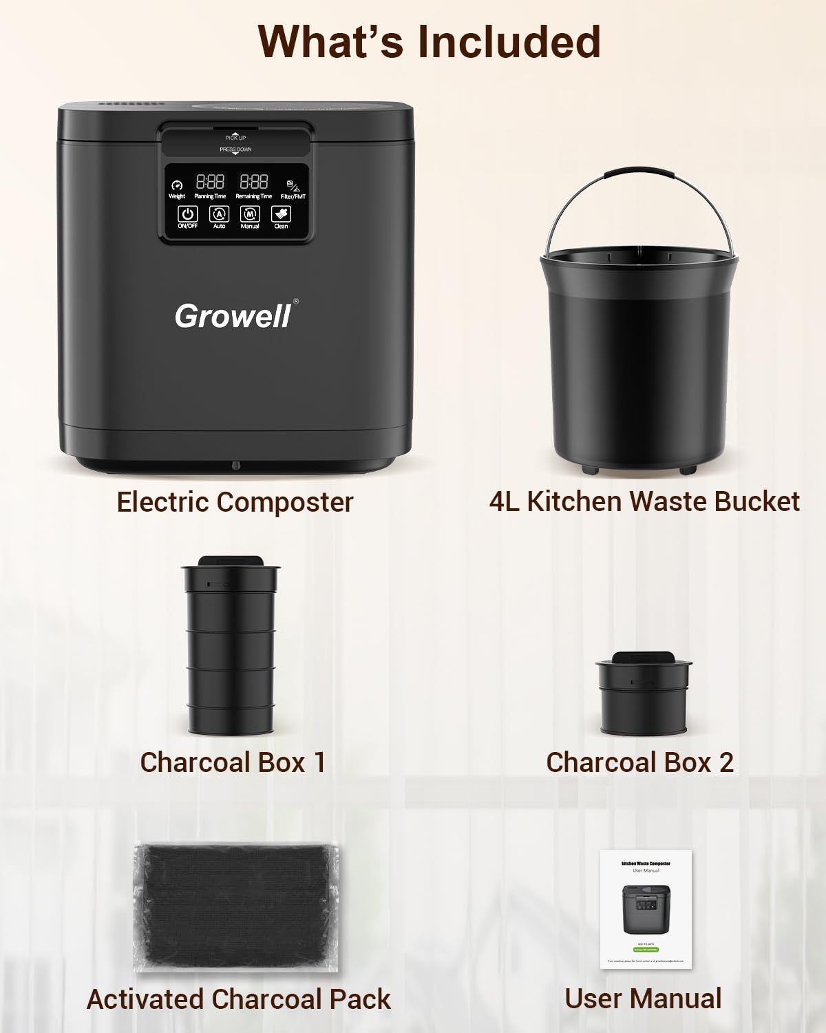 Growell 4L Electric Kitchen Composter, Countertop Compost Bin with Dual Carbon Filters, Visible Window, Auto-Clean, Quiet & Long-Life Upgraded Brushless Motor, Indoor Food Waste Composting Machine
