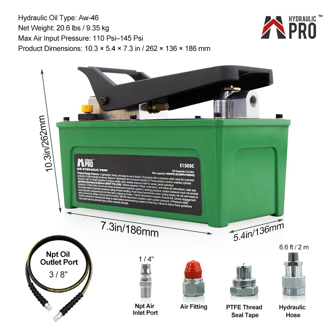 10,000 PSI Air Hydraulic Pump, NPT 3/8" Oil Outlet, NPT 1/4" Inlet, Foot Pedal Hydraulic Pumps with 6.6 ft Hose for for Auto Body Frame Machines, Hydraulic Tools, and Hole Punch