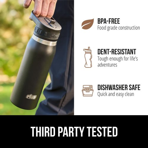 GORILLA GRIP Heavy Duty Insulated Water Bottle, 40 oz, Leakproof Flip Straw, Stainless Steel Wall Keeps Drink Cold Up to 8 Hours, Dent Resistant Tumbler, BPA-Free Travel Bottles, Dishwasher Safe Black