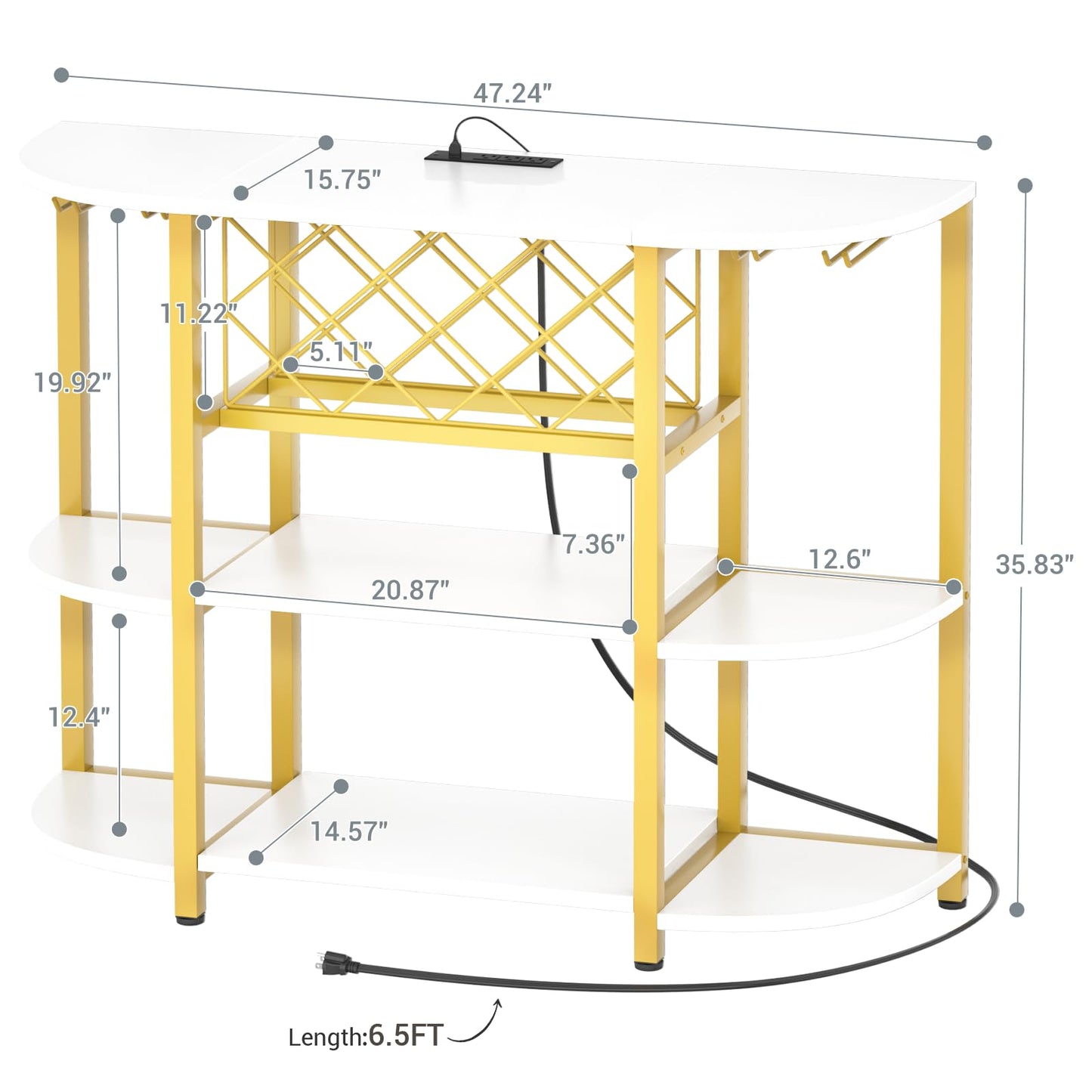 Unikito 4-Tier Metal Coffee Bar Cabinet with Outlet and LED Light, Freestanding Floor Bar Table for Liquor with Glass Holder and Wine Storage, Wine Bakers Rack for Kitchen Dining Room, White and Gold