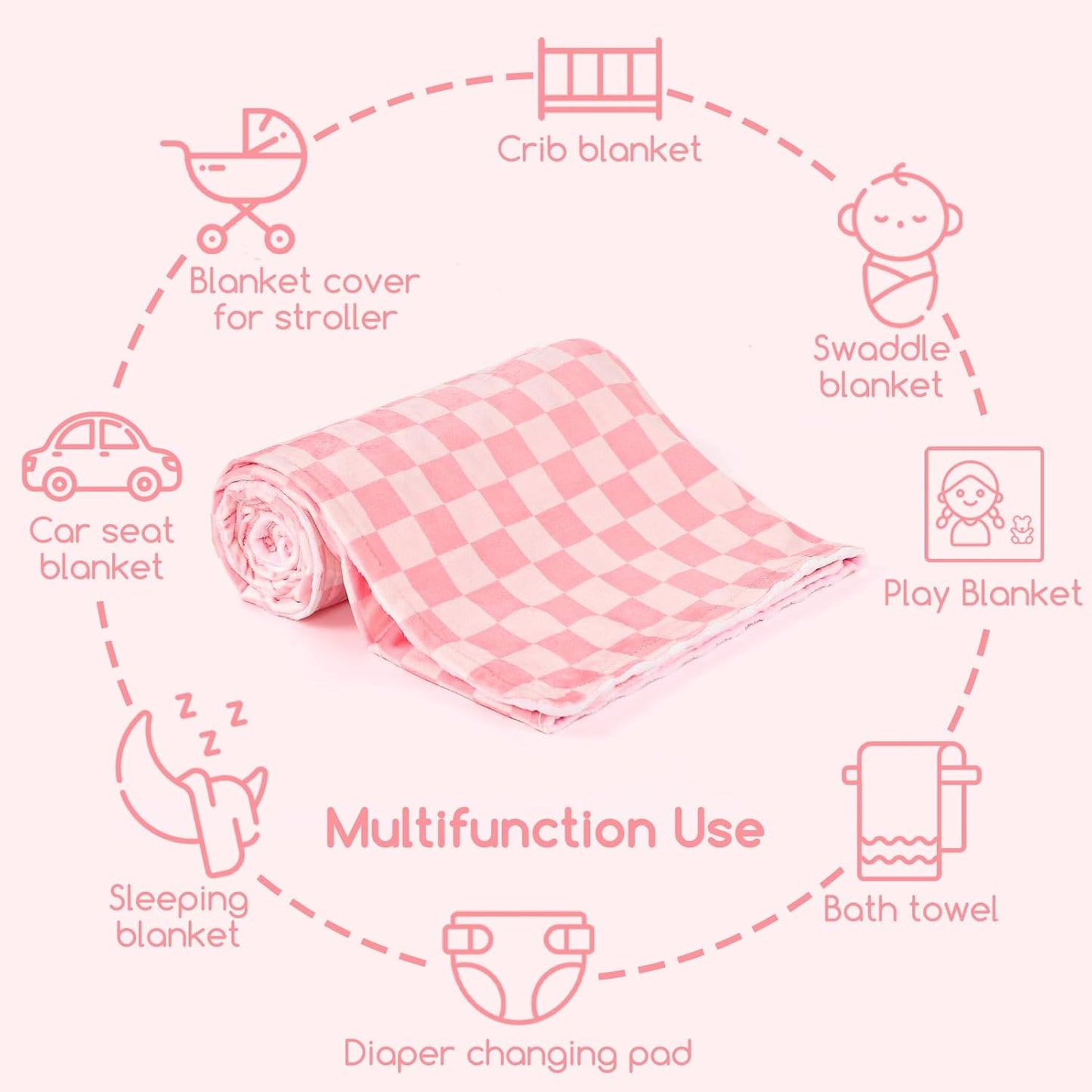 Skiennix Baby Blanket - Double Layer Toddler Blanket with Dotted Backing | Pink Checkered, 30x40 Inches