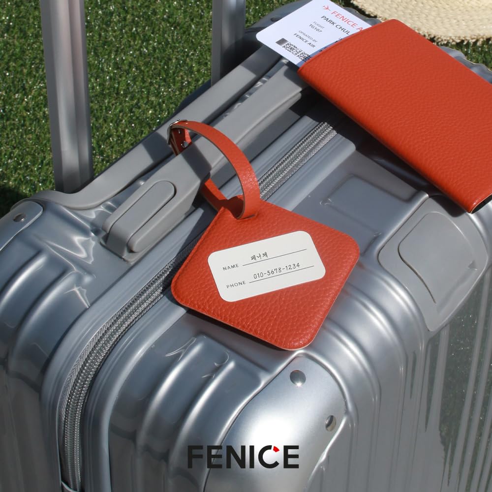 FENICE Vegan PU Leather Classic Name Tag with Belt Buckle Strap Closure for Suitcase Luggage Tavel Bag (White)