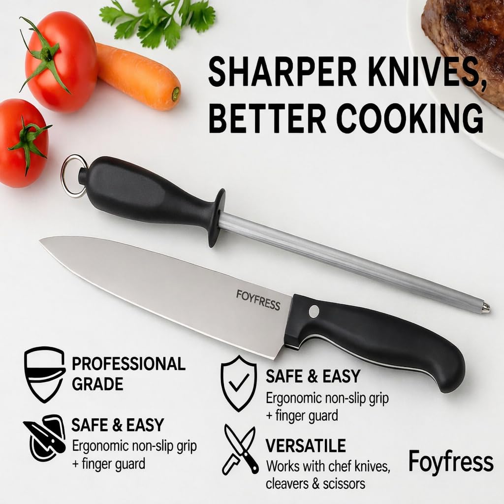 Foyfress Honing Rod 10 Inch, Knife Sharpener for Kitchen Knives, Magnetized High Carbon Steel Honing Steel with Ergonomic Handle, for Chef and Butcher Knives