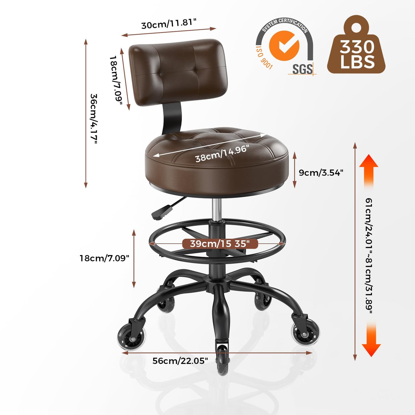 FREEKYROCK Office Drafting Chair with Footrest, Tall Height Adjustable Stool with Back Support, Heavy Duty Rolling Stool Chair with Wheels for Office Home Kitchen Bar Shop Guitar Studio Vanity, Brown