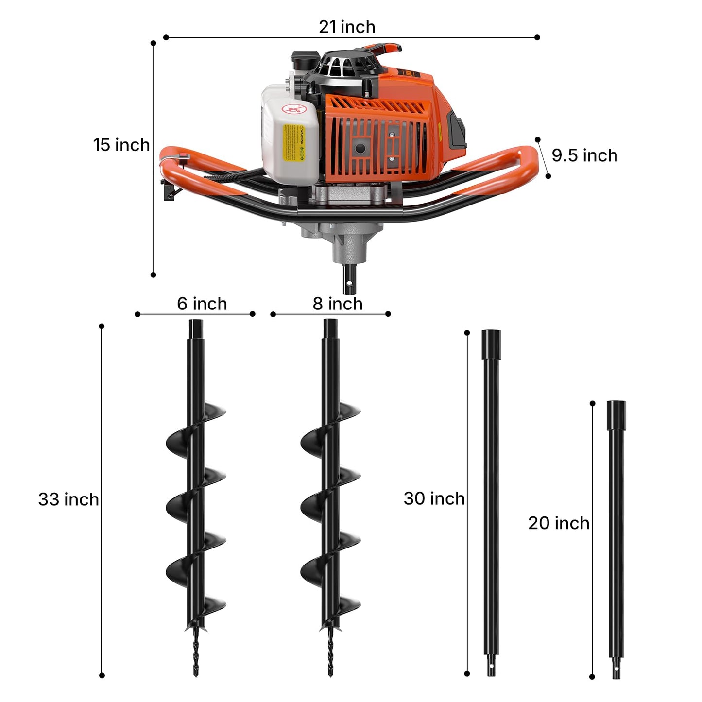 WORKIT 72CC Post Hole Digger, Auger Post Hole Digger Easy Start, 2-Cycle Xtreme Engine, Gas Powered Earth Auger with 6"+8" Auger Drill Bit, 20"+30" Extension Rods, EPA Certification
