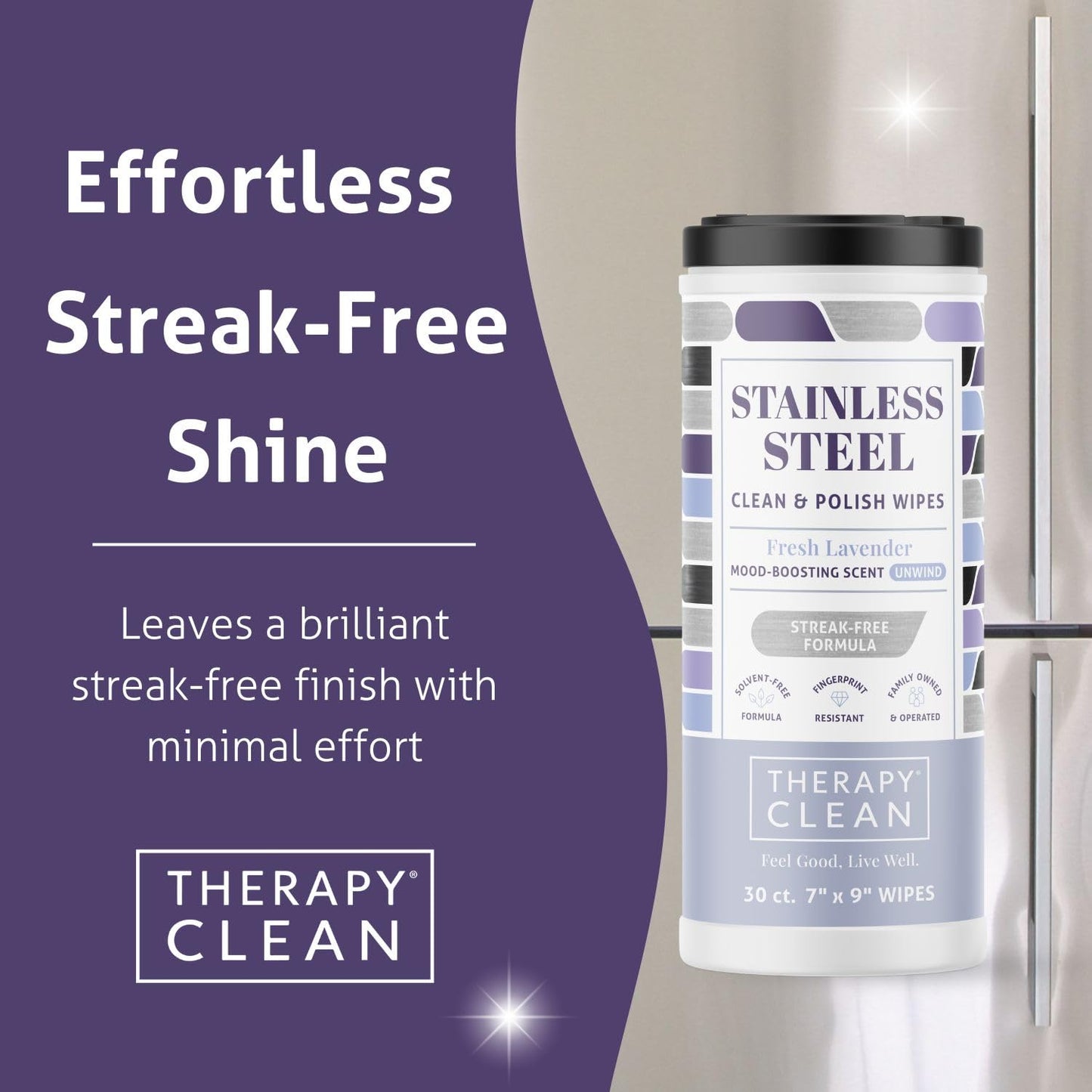 Therapy Stainless Steel Wipes, 30 Count (2 Pack) - Appliance Cleaner for Fridge, Dishwasher, Oven, Stove, Sink, Microwave, and More - Removes Smudges, Fingerprints, and Leaves a Streak-Free Shine