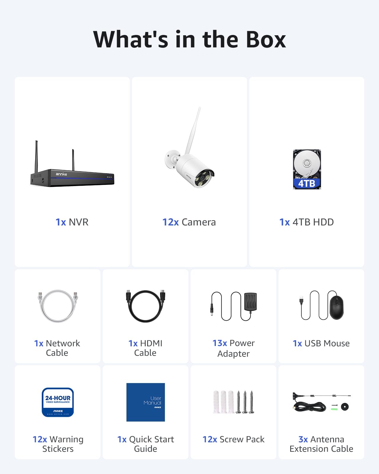 ANNKE Wireless Security Camera System 4TB Hard Drive, 16CH 4K WiFi NVR Kit, 12Pcs 2K Home Surveillance Cams for Indoor/Outdoor, 2-Way Audio, Night Vision, Weatherproof, Motion Detection, Metal Housing