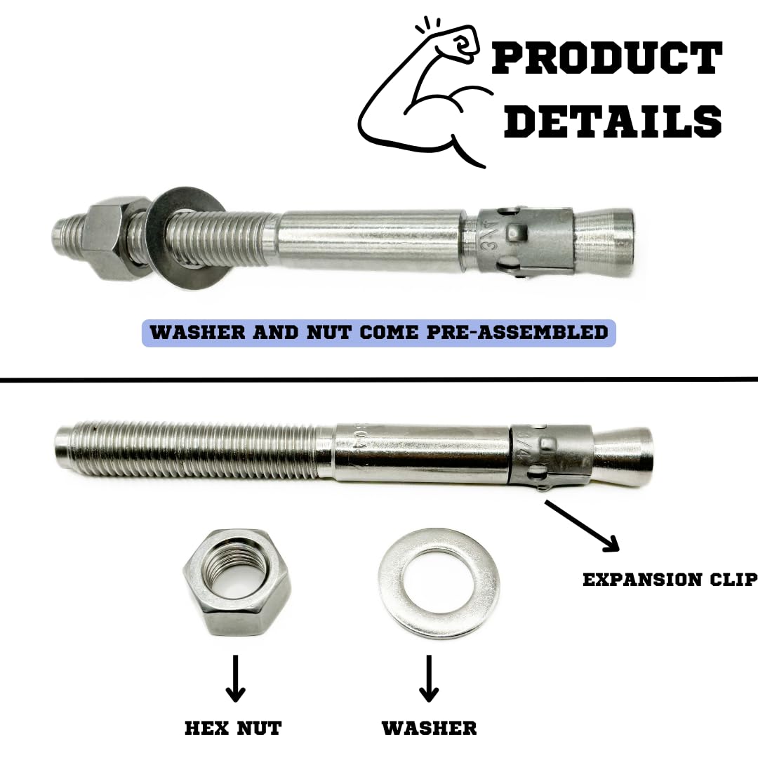 Mighty Fasteners Wedge Anchors – Heavy-Duty 304 Stainless Steel Expansion Bolts for Concrete & Masonry, Rust-Resistant & Durable - 3/4" X 7-1/2" - 10 Pack