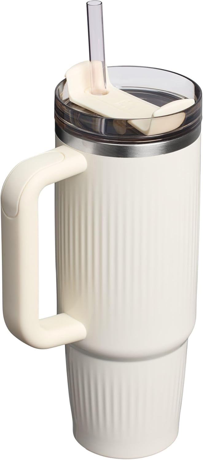 STANLEY Quencher H2.0 Tumbler - 30 oz Insulated Stainless Steel with Handle & Straw | BPA-Free Fluted Cream Gloss