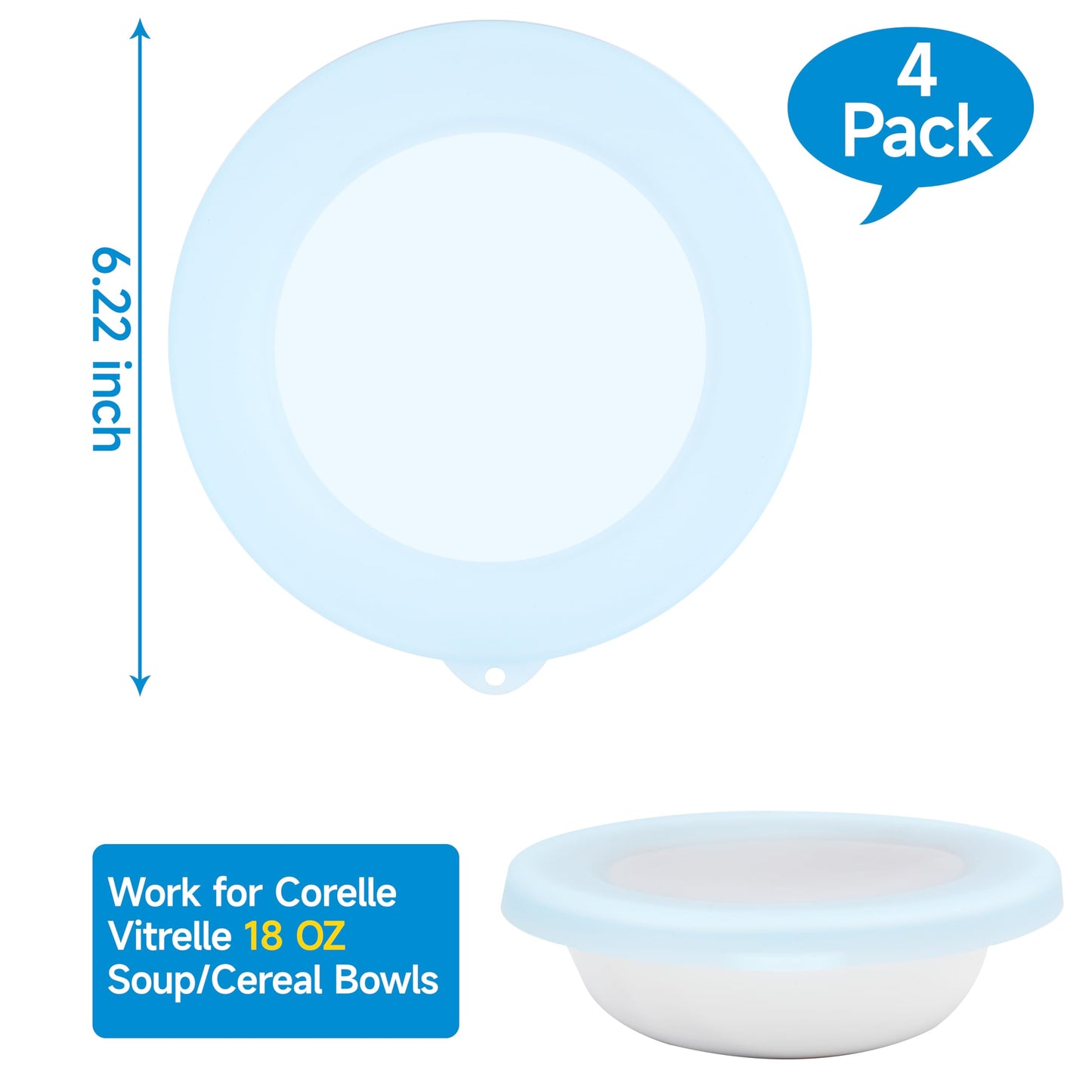Purekra 4 Pack Silicone Lids for Corelle Vitrelle 18-Oz Soup/Cereal Bowls, Freezer & Microwave & Dishwasher Safe (Bowl not included)