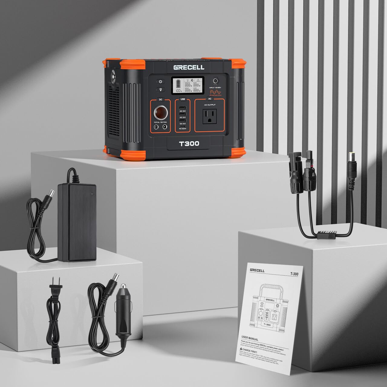GRECELL Portable Power Station 300W (Peak 600W),GRECELL 288Wh Solar Generator with 60W USB-C PD Output, 110V Pure Sine Wave AC Outlet Backup Lithium Battery for Outdoors Camping Travel RVs