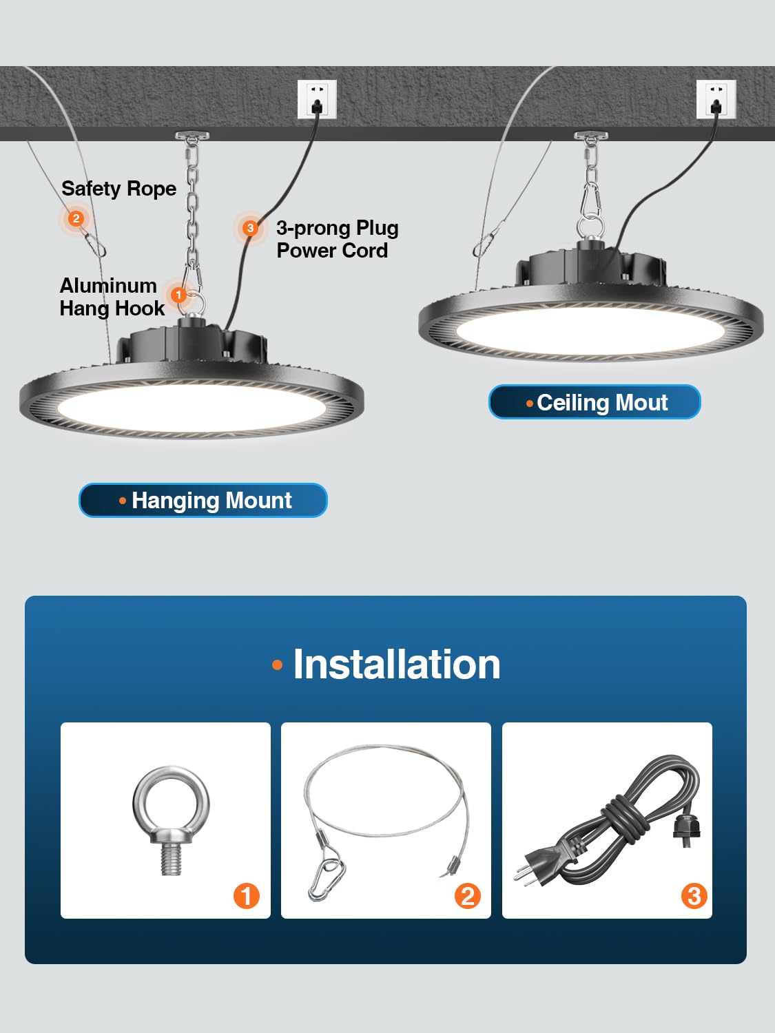 ELEKICO Super Bright 22000lm 5000k 150w 10 Pack UFO Led High Bay Shop Lights with 5'Cable 3-Pin Plug Hook Safe Rope for Garage Factory Warehouse Workshop Barn