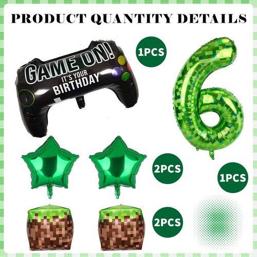 40 Inch Green Pixel Miner Number Foil Balloon Set 5Pcs Large Mylar Number Balloons for Boys Girls Pixel Cubes Video Game Birthday Party Decorations (6)