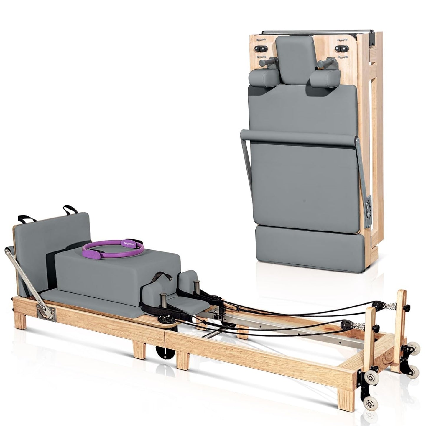 LeisureKing Pilates Reformer Machine PRO, Studio Grade Pilates Equipment for Home Workout with 5 Springs and Microfiber Leather, Oak Wood Foldable Pilates Reformer with Reformer Accessories, Gray