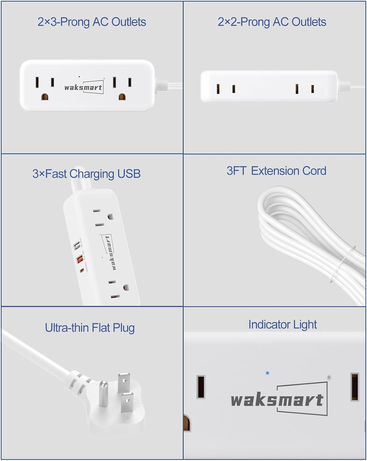 Waksmart PD20W -3 4 3 Flat Plug Power Strip Ft Flat Plug Extension Cord with AC Outlets Quick Charging USB Ports, Flat