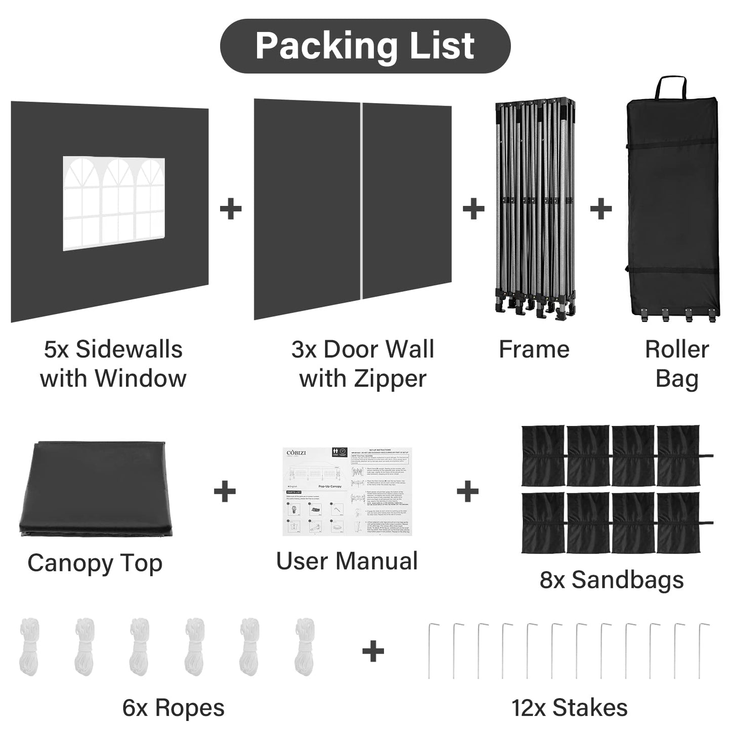 COBIZI 10x30 Heavy Duty Pop Up Canopy Tent with 8 Sidewalls Thicken Frame, Commercial Easy Up Outdoor Wedding Party Tents, All Season Waterproof Windproof with Stakes Sandbags Ropes Roller Bag, Black