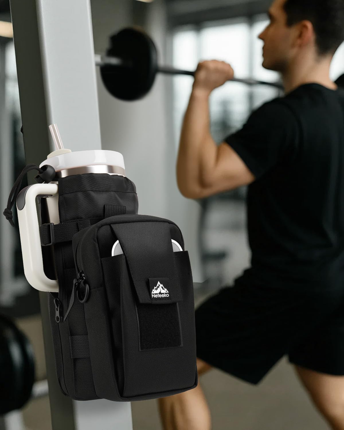 Nefeeko Magnetic Water Bottle Holder with Detachable 2-in-1 Phone Bag, 10 Strong Magnets Gym Pouch for Metal Surfaces, Fits 20-40 Oz Tumblers with Handles, Heavy-Duty 600D Oxford Sling Carrier