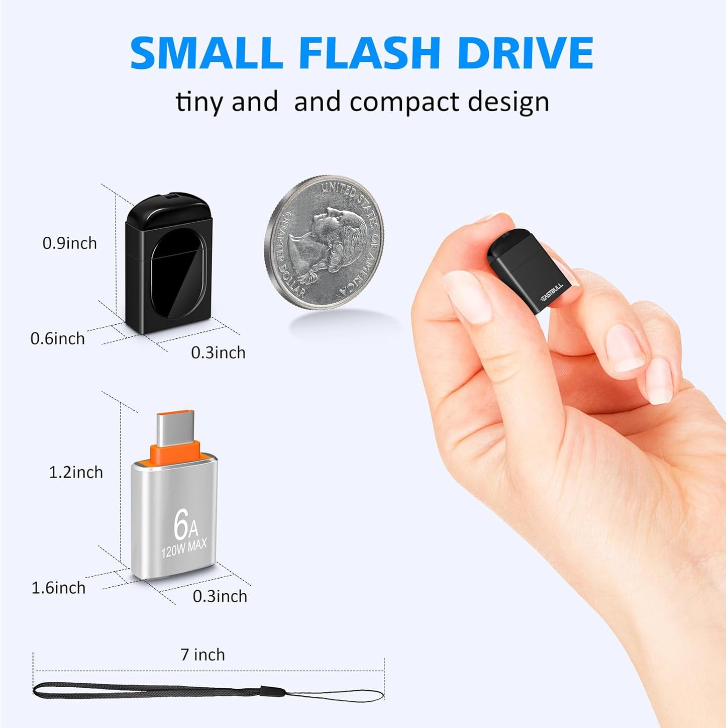 EASTBULL 16GB 5 Pack USB2.0 FAT32 16 5 Pack 1 Small Flash Drives Mini USB Drive with a USB-C Adapter, Mini Thumb Drive