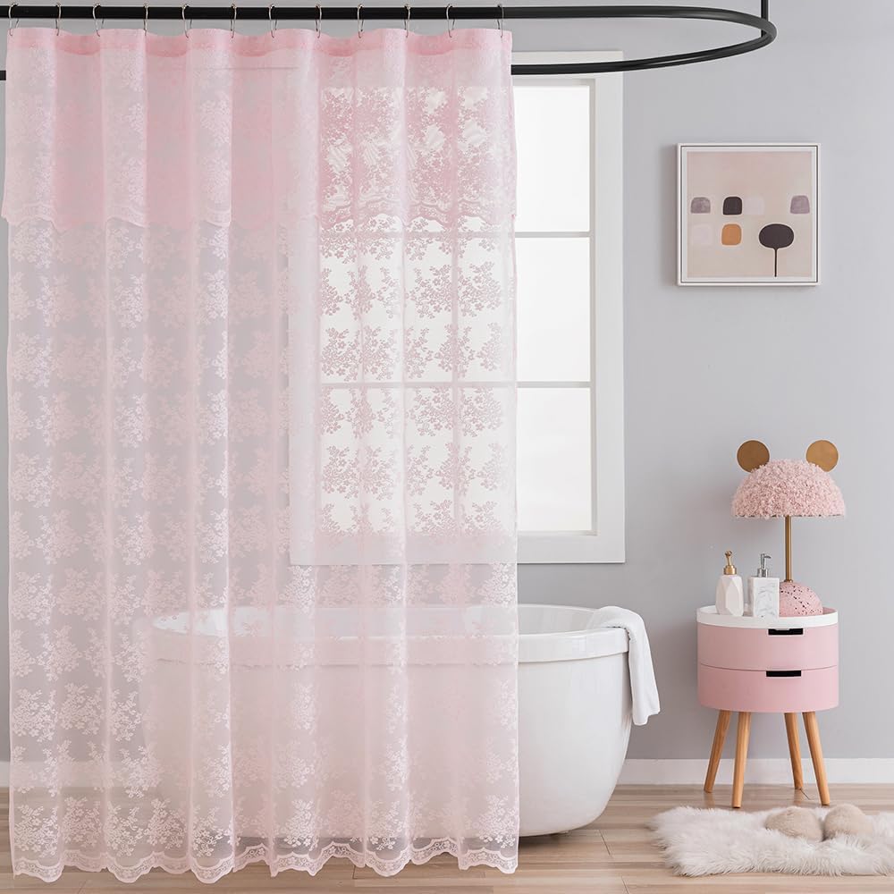TUDECO Pink Shower Curtain - Shabby Chic Lace Design with Sheer Valance | Vintage Floral Aesthetic, 72 x 72 Inch