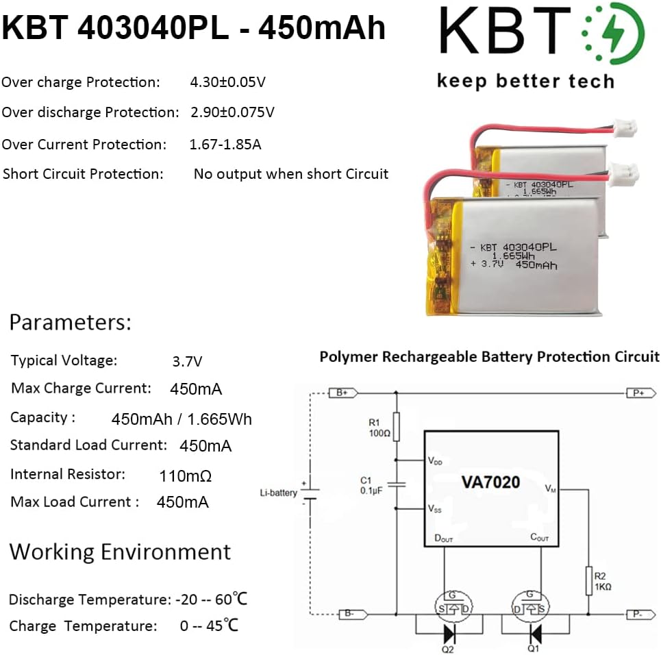 KBT KEEP BETTER TECH 3.7V 450mAh 403040 2.0 2Pack KBT Li-Polymer Battery: Rechargeable Li-ion Batteries Replacement