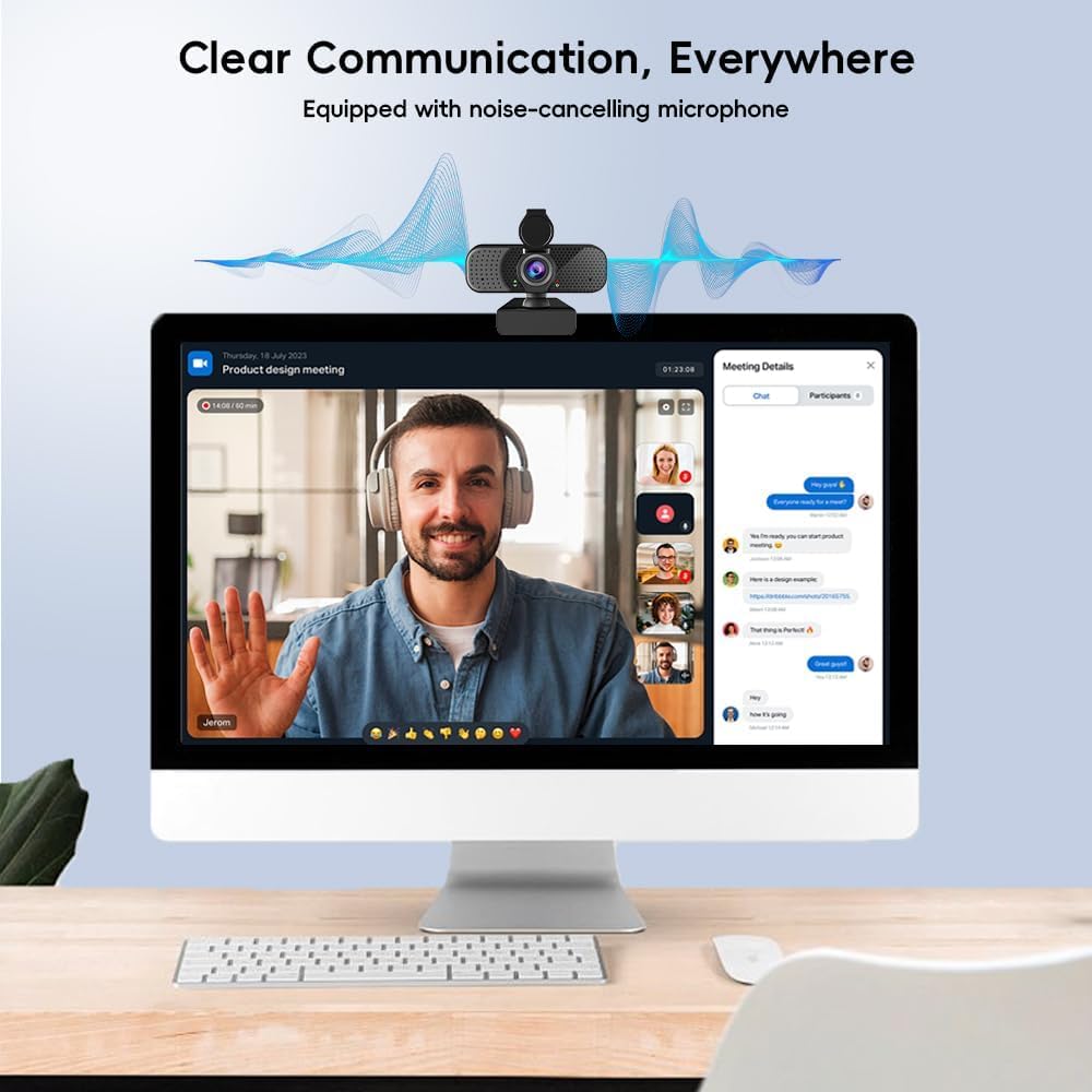 Kemeiv 2K Webcam PC Webcam with Microphone and Physical Privacy Cover, Noise-Canceling Microphone, Auto Light