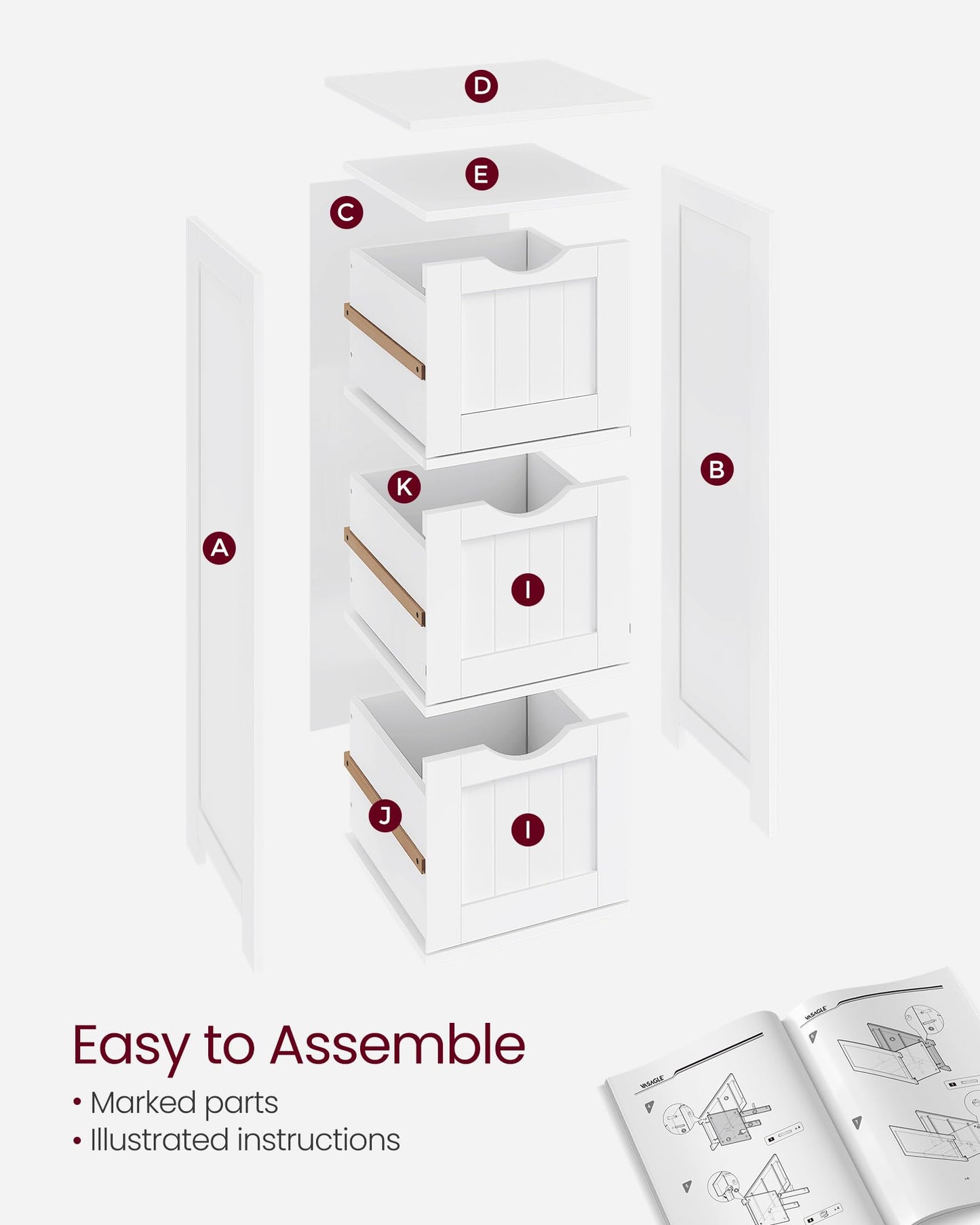 VASAGLE Floor Storage Cabinet, Freestanding Storage Unit with 3 Drawers, 11.8 x 12.6 x 31.9 Inches, for Bathroom, Living Room, Kitchen, Modern Style, Matte White UBBC050WH01S