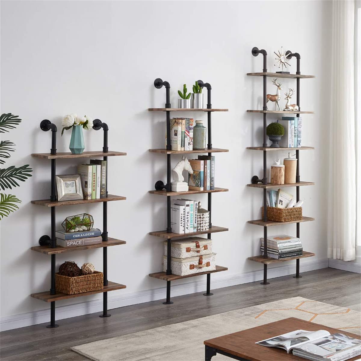 HOMBAZAAR Industrial Pipe Bookshelf,6 Tier Pipe Shelving,Wall Mounted Ladder Shelves with Metal Frame for Home Office,Living Room,Oak Brown