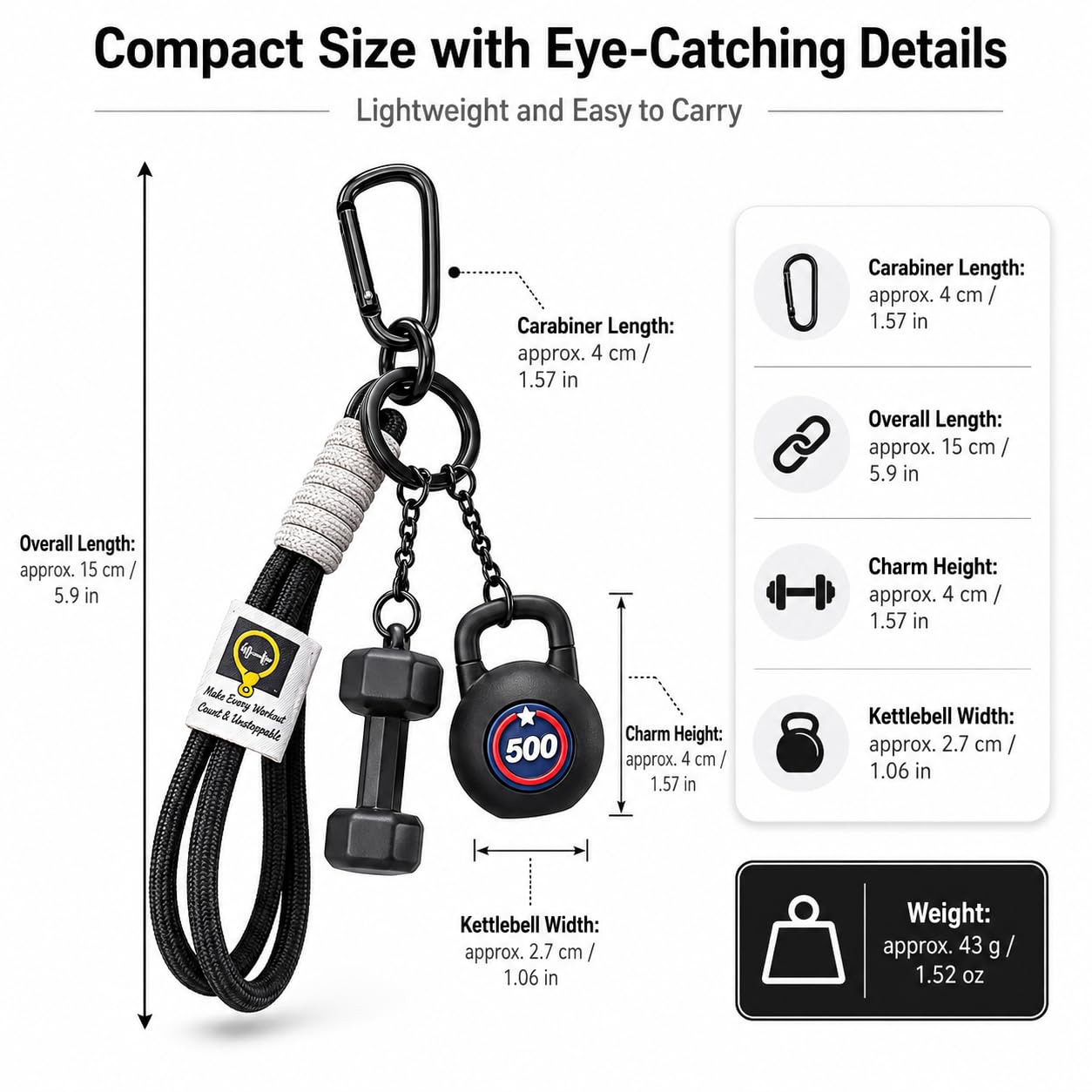 Exodmx Fitness Dumbbell & Kettlebell Keychain - Cute Mini Charm for Gym Lovers, Car/Bag/Purse Accessory (Gift for Men & Women)-black