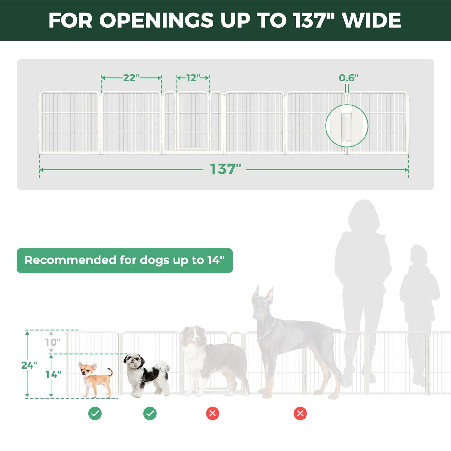 FXW Dog Gate Extra Wide Designed for Indoor Use, Adjustable Width Up to 137-inch Wide (24" H 6 Wire Panels for Puppies and Small Dogs), White