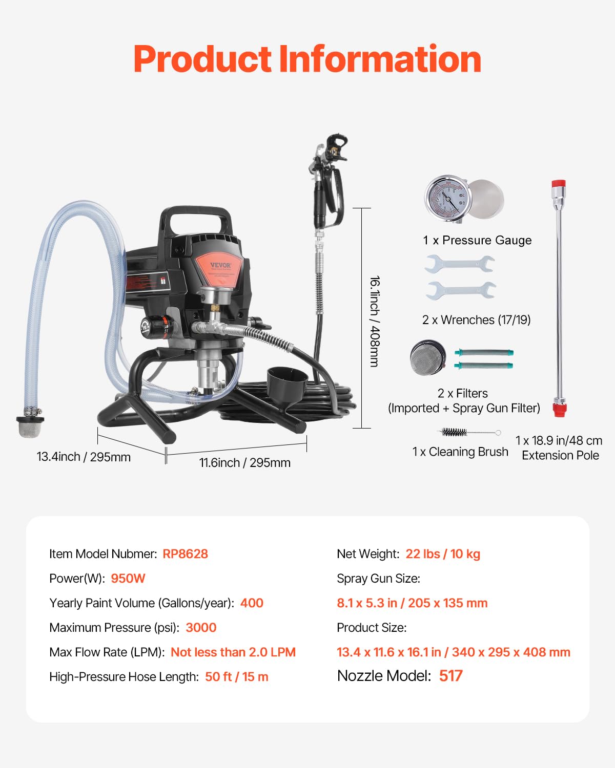 VEVOR 950W Stand Airless Paint Sprayer, 3000PSI High Efficiency Electric Airless Sprayer, Handheld Paint Sprayers for Home Interior and Exterior Furniture and Fences, Fine and Even Painting Effect