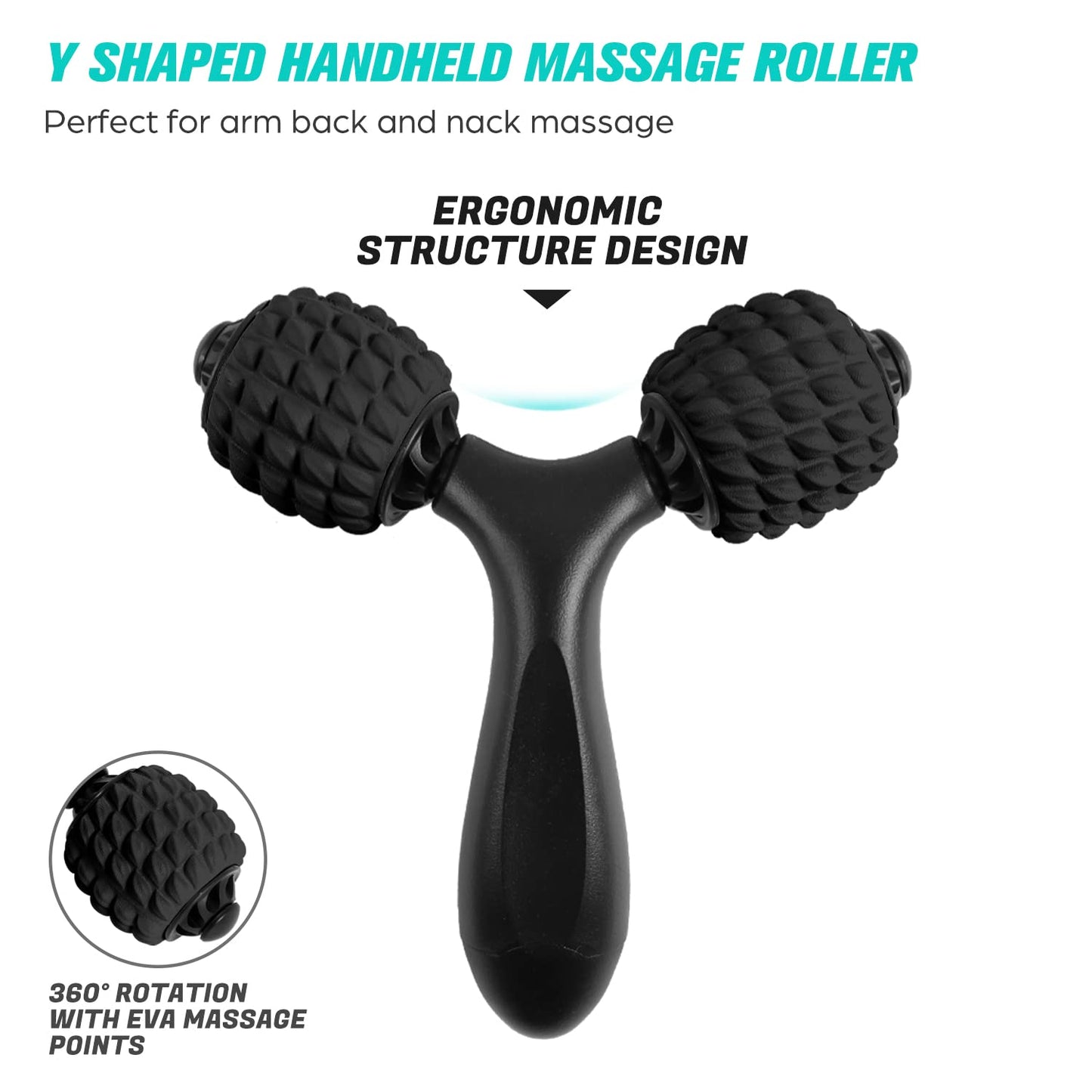 Odoland Massage Set - 360 Trigger Point, Muscle Roller Stick, Y Shaped Handheld, 2 Massage Balls for Legs, Arms - Myofascial & Deep Tissue Pain Relief - Black