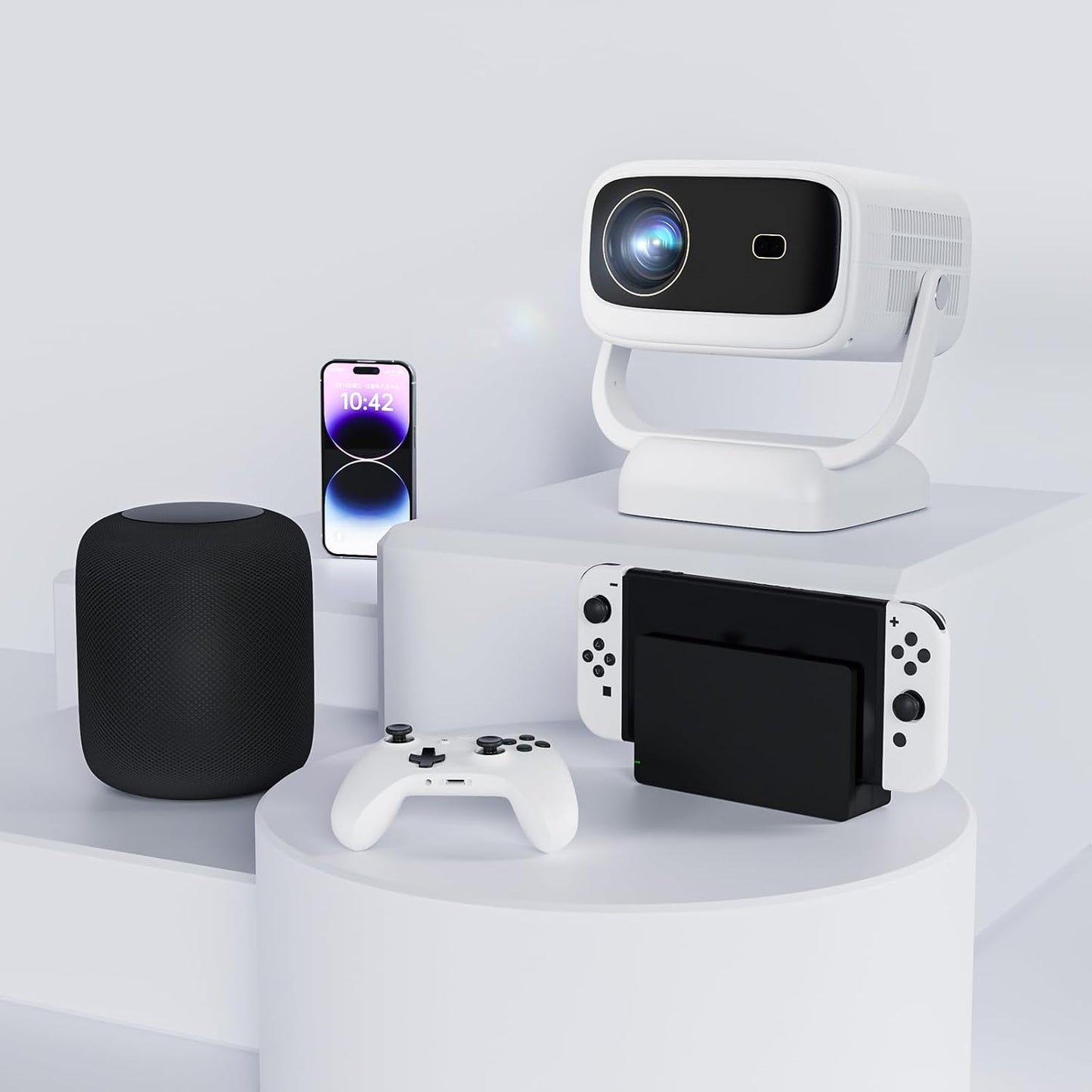 FXiaoy 4K 1080P Portable WiFi Bluetooth Projector, Support Smart Mini Projector with Rotatable Stand, FHD Home Cinema