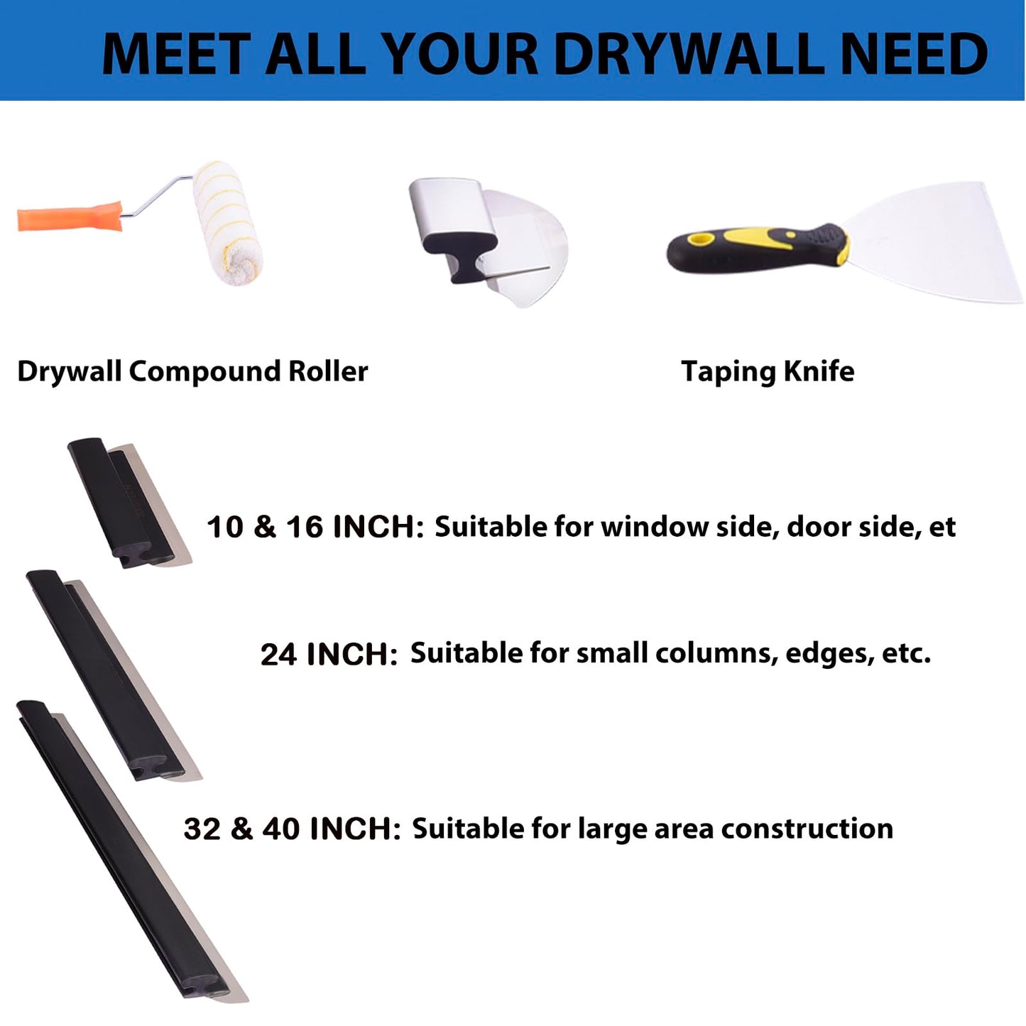 BXGTECH Drywall Tools Skimming Blade with Extension Handle - 10", 14", 24"& 32" 40" Blades with 2 Pack 0.3 mm Blades, Construction Tools End Caps, with Outer Box, Drywall Roller,Taping Knife