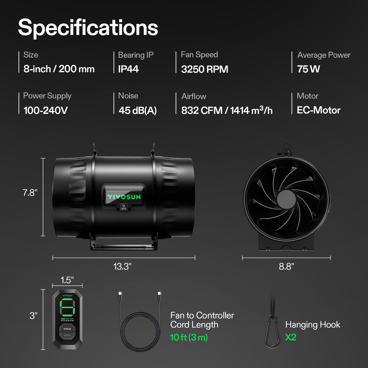 VIVOSUN T8 8" Inline Duct Fan & 3 Cycle Modes E12 Speed Controller, AeroZesh Grow Tent Kit Ventilation Fan with 832 CFM EC Motor, Programmable Exhaust Fan for Heating Cooling Booster, Hydroponics