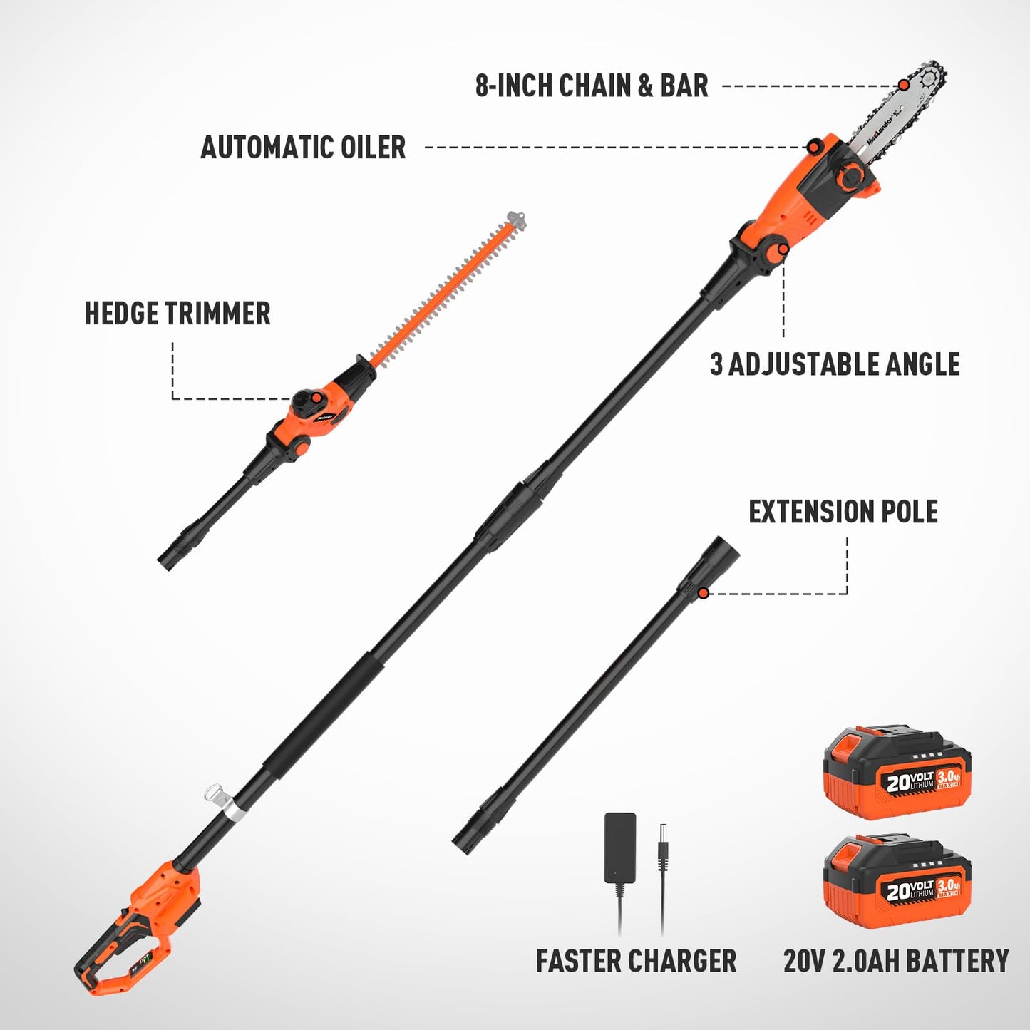 MAXLANDER 2-in-1 Cordless Pole Saw & Hedge Trimmer, 8-Inch Electric Pole Saw 18-Inch Pole Hedge Trimmer, 15ft Max Reach, 16ft/s Speed, Auto Oiling, with 20V 2X3.0Ah Battery & Charger for Tree Trimming