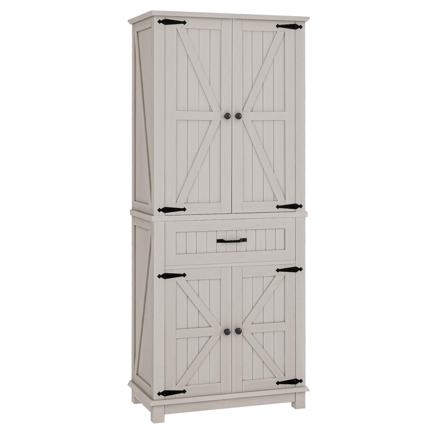 DWVO 72" Tall Farmhouse Pantry Cabinet, Kitchen Storage Pantry with Barn Doors & Drawer, Versatile Organizer with Adjustable Shelves, Rustic Cupboard for Dining Room, Living Room, White Oak