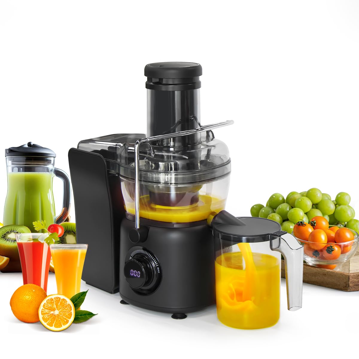 TETANIOMY Centrifugal Juicer, 1250W Pure Copper Powerful Motor,Can Squeeze Sugar Cane Juice. 3.3-inch Feeding Trough, Quick Juice Extraction for Fruits and Vegetables, Easy to Clean, BPA Free