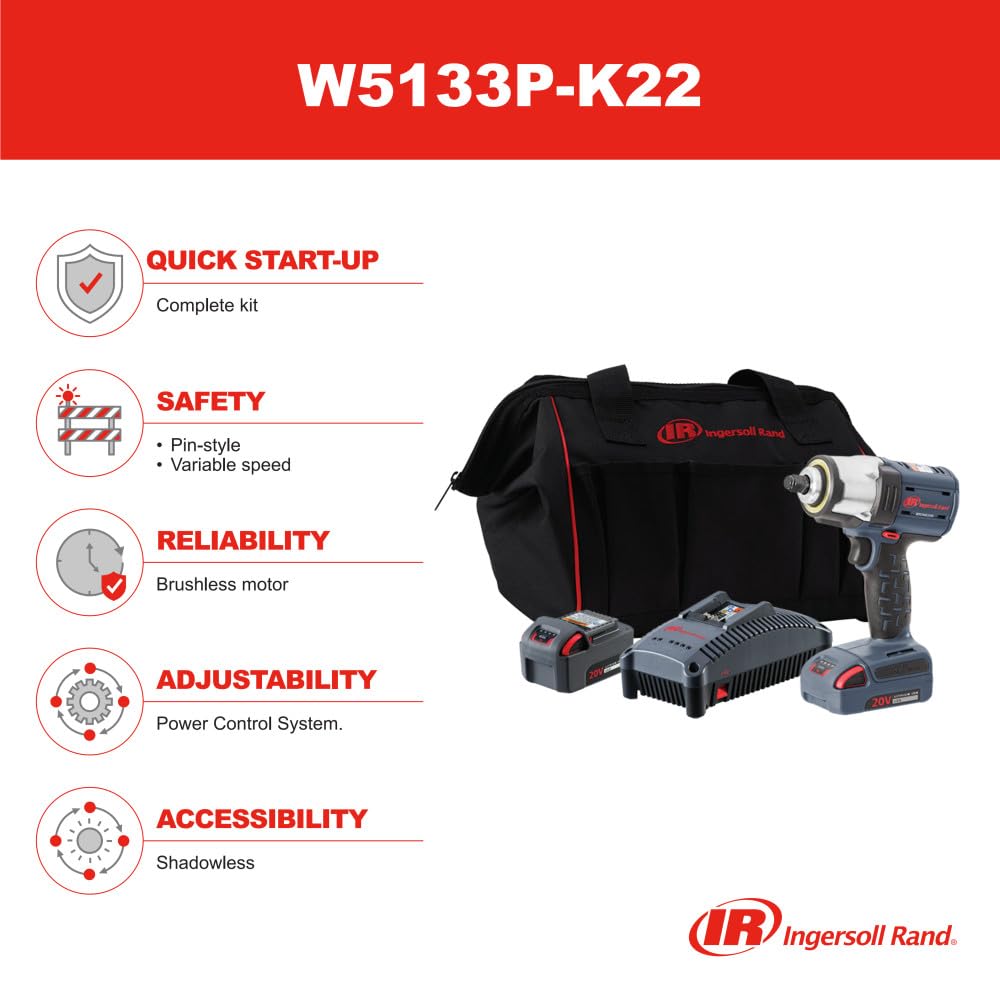 Ingersoll Rand W5133P-K22 3/8" 20V Cordless Impact Wrench 2 Battery Kit, 550 ft-lb Torque, Pin Retainer, Pistol