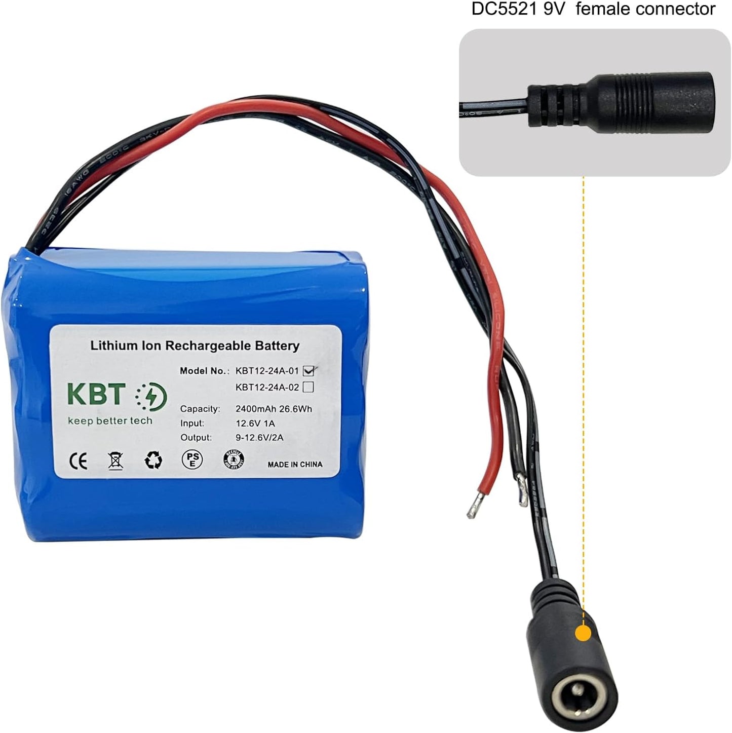 KBT KEEP BETTER TECH 12V 2400mAh Pack 12V KBT Rechargeable Li-ion Battery, Bare Leads Wire Replacement Battery
