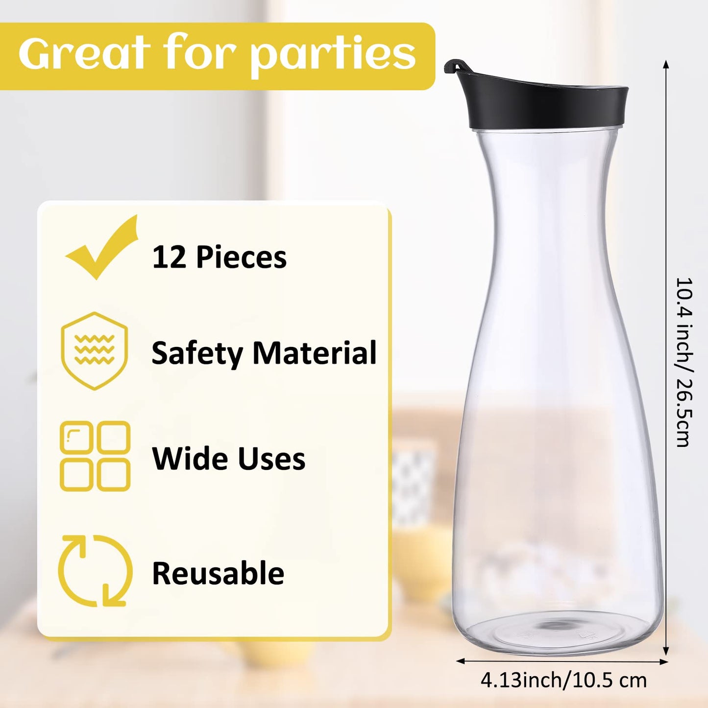 Xinnun 12 Pcs Water Carafe with Flip Top Lid Plastic Carafe with Black Lid Clear Plastic Water or Juice Beverage Pitcher Jug for Restaurant Party School Bar Juice Milk Coffee (35 oz)