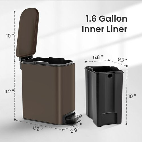 Cesun Stainless Steel Bathroom Trash Can - 6 Liter Soft Close Lid & Step Pedal | Anti-Fingerprint Finish (Brown)
