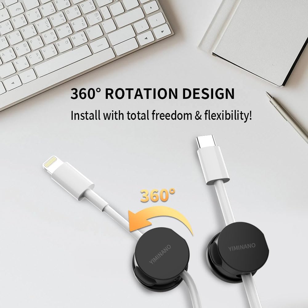 YIMINANO 6 Pack 360 Magnetic Cable Clips, Rotatable Cord Organizer, Adhesive Cable Holder for Desk, Nightstand, Car